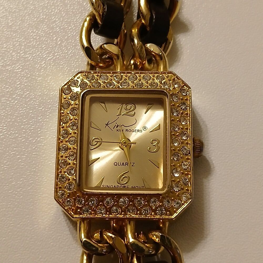 Kim Rogers Women Brown Gold Tone Square Dial Rhinestone Bezel Quartz Chain Watch